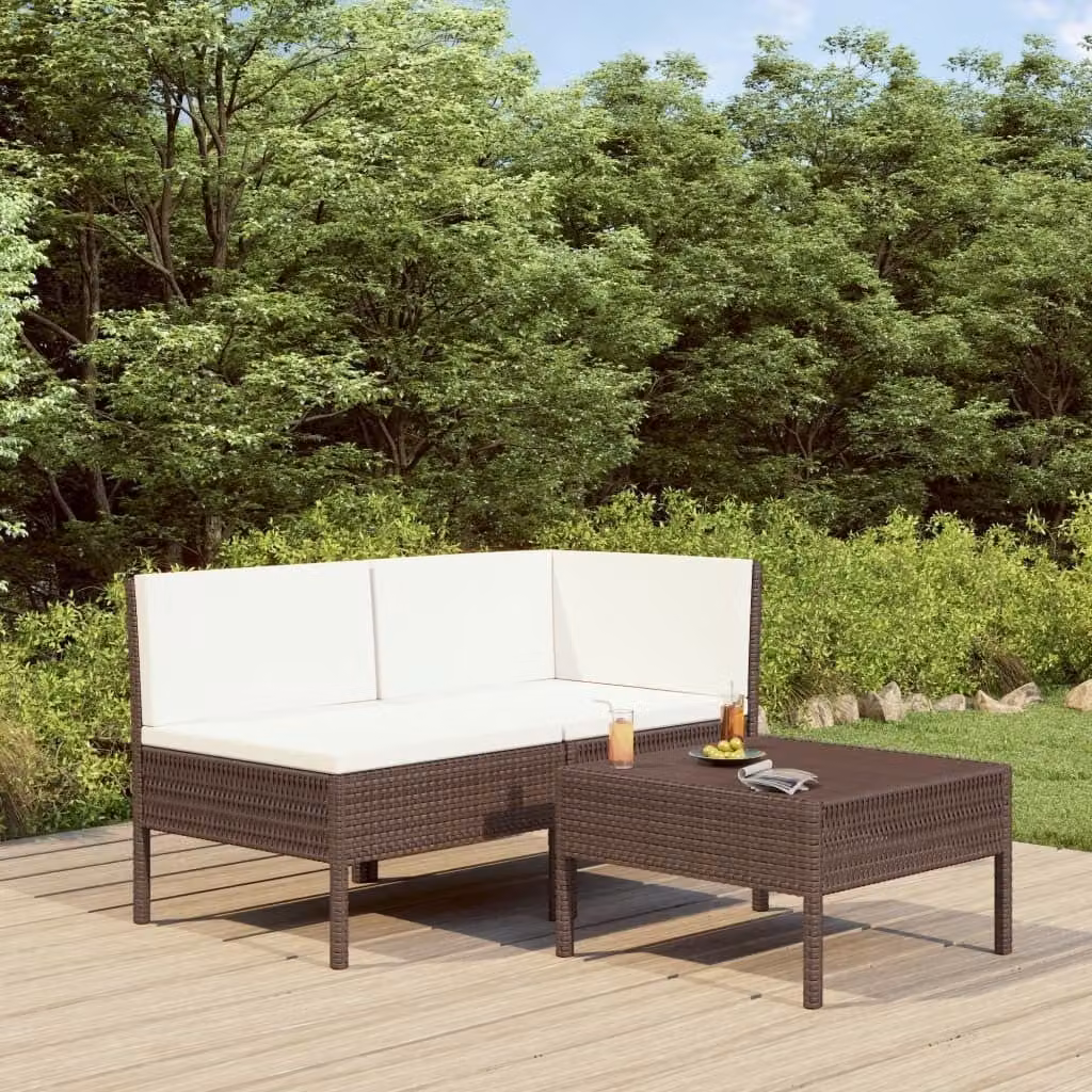 The Living Store Set da giardino 3 pezzi con cuscini in poly rattan marrone