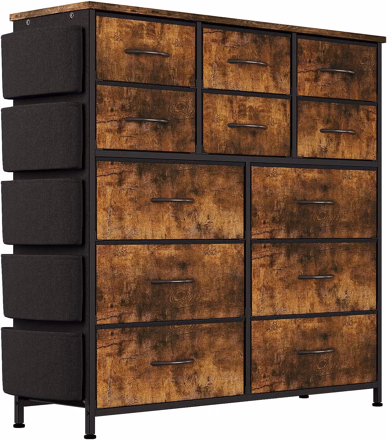 Comodino con cassetti, mobiletto laterale, versatile, capiente (99*30*110 cm), realizzato in pannelli di legno (MDF/compensato), struttura in metallo robusta, resistente.