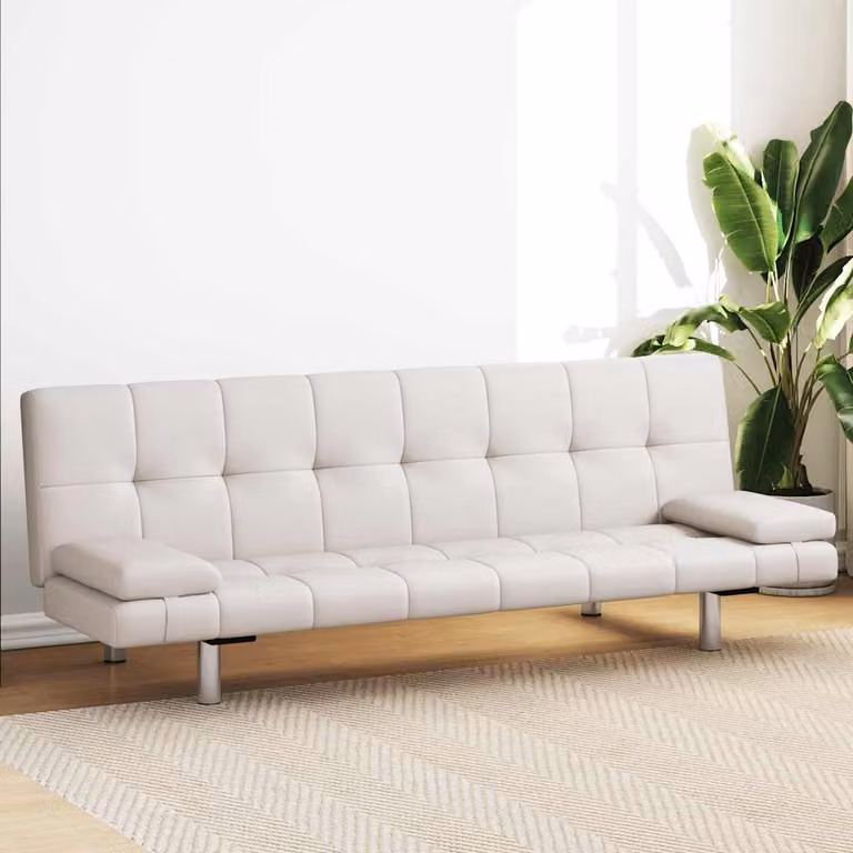 vidaXL Divano Letto Click-Clack in Similpelle Bianco con 2 Cuscini e Struttura in Legno Solido