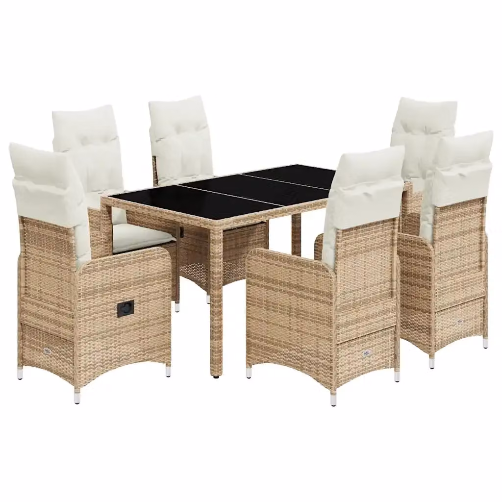 Set da Bistrò da Giardino vidaXL in Polyrattan con Cuscini Beige e Piano in Vetro, 7 Pezzi – 2
