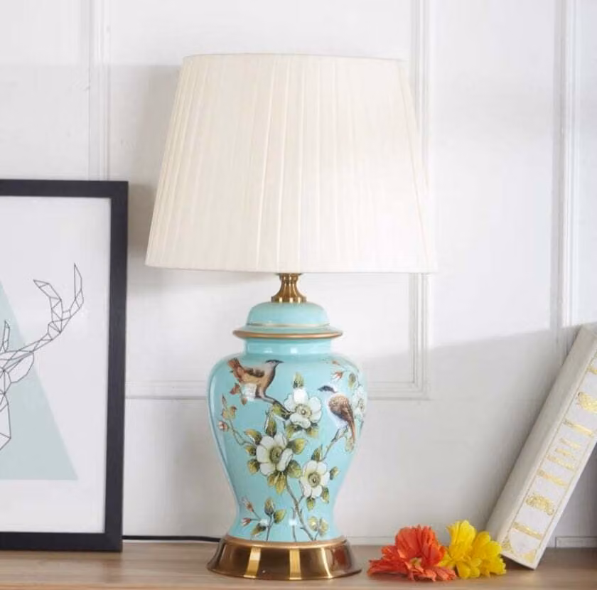 Bella lampada da tavolo cinese Asianliving in porcellana blu magnolia fatta a mano - Aeliana D30xH48cm