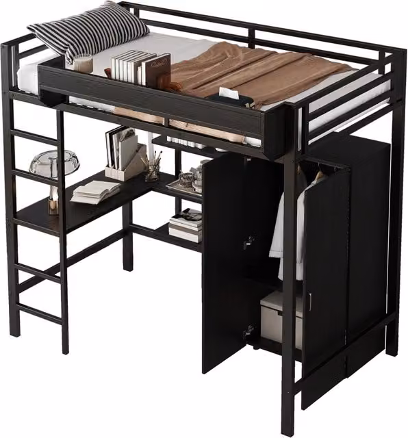 Letto a castello REDOM per bambini in metallo e legno nero con scala, tavolo e armadio L/P/H: 200 x 90 x 150 cm