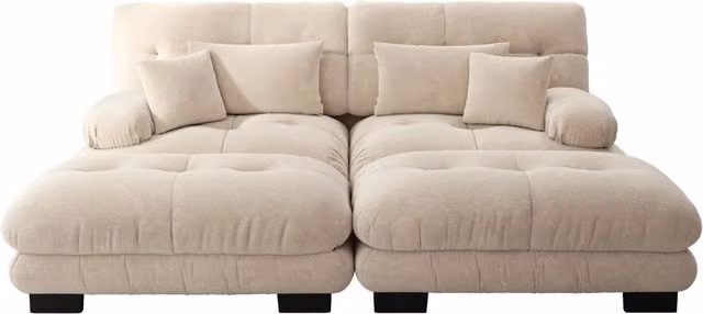 Divano angolare Cloud in Chenille vintage beige chiaro con 2 cuscini lombari e 2 cuscini decorativi, braccioli imbottiti e 2 pouf abbinati