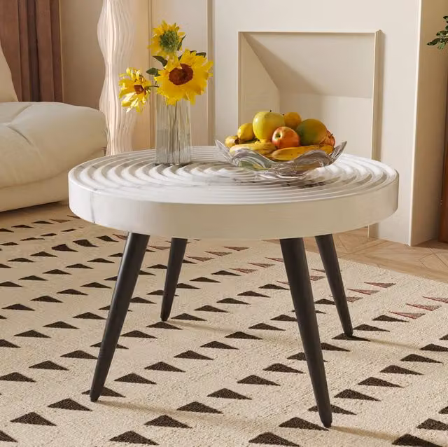 Tavolino rotondo bianco effetto marmo in MDF e metallo con piedini regolabili