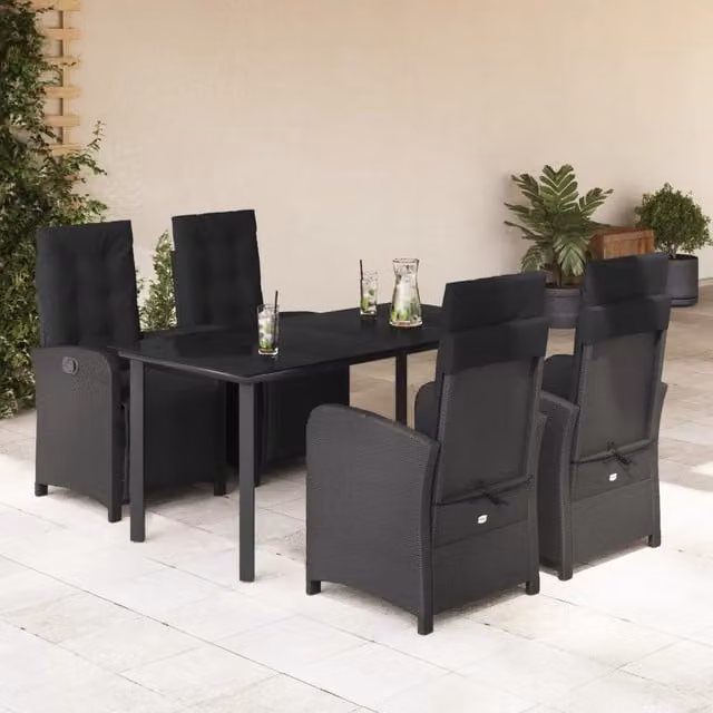 Set da Pranzo da Giardino 5 pz Nero con Cuscini in Polyrattan 3212538