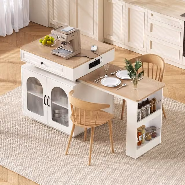 Tavolo allungabile con cassetto, vani aperti e led, per cucina e sala da pranzo, in MDF e vetro, bianco