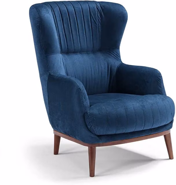 Poltrona da camera CAREZZA MADE IN ITALY, stile vintage, tessuto velluto antimacchia e idrorepellente, piedi in legno finitura noce, ideale per soggiorno, camera, studio, hotel e bar, colore Blu Notte