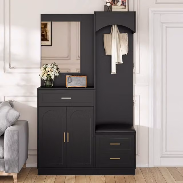 Mobile Ingresso con Specchio e Scarpiera con Panca; Guardaroba Compatto Nero in MDF; 110x33x185.5 cm