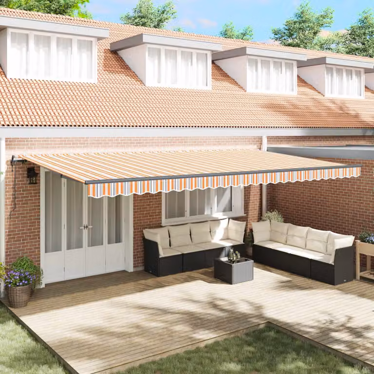 Tenda retrattile vidaXL multicolore con bracci pieghevoli in alluminio e tessuto in poliestere, L: 600 cm, P: 300 cm, con telecomando