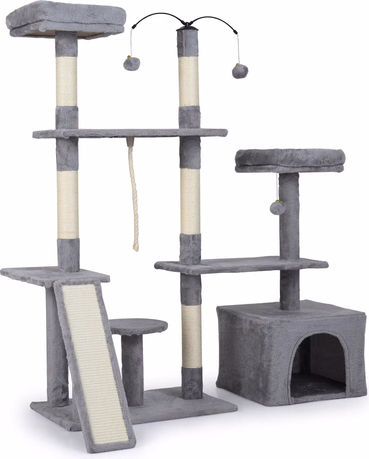 Tiragraffi con design girevole, cuccia e rampa, grigio chiaro