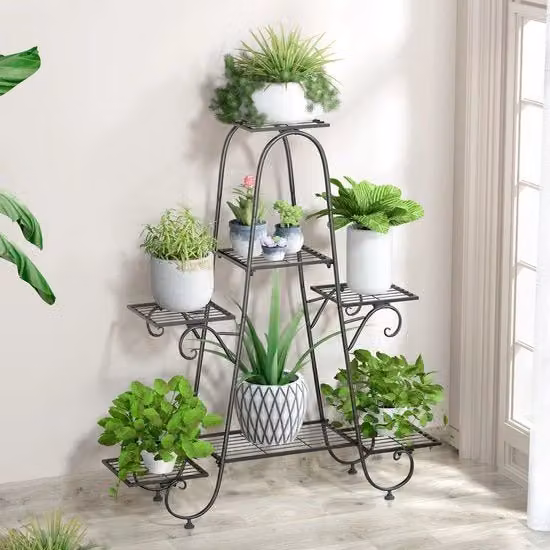 Supporto per piante UNHO con 7 gradini e piatti in metallo nero, L 66 cm x P 22 cm x H 102 cm