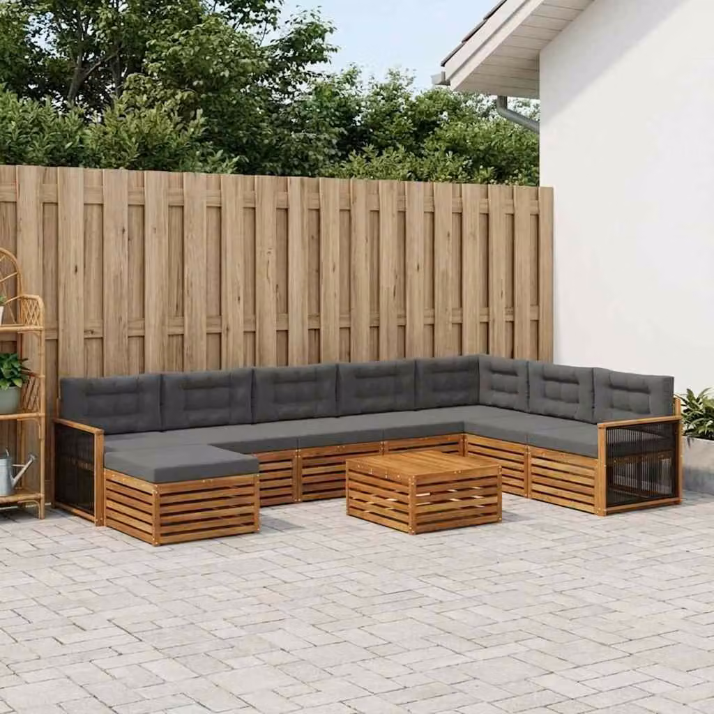 vidaXL Set di divani da esterno a L in legno di acacia con 9 pezzi, colore marrone e antracite