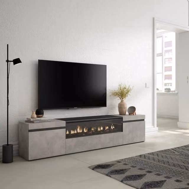 Mobile TV, 200x35x45cm, soggiorno, Per TV fino a 80", Camino elettrico, grigio cemento RF2223