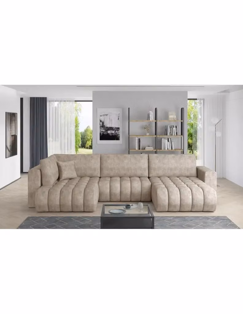 Divano ad angolo BONITA MEUBLORAMA convertibile 6 posti beige effetto marmo con funzione letto e poggiatesta regolabile, lato destro, L: 350 cm, P: 175 cm – 2