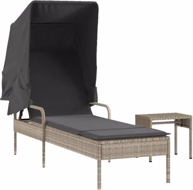 Sdraio da giardino | Lettino con Baldacchino e Tavolino Grigio Chiaro in Polyrattan