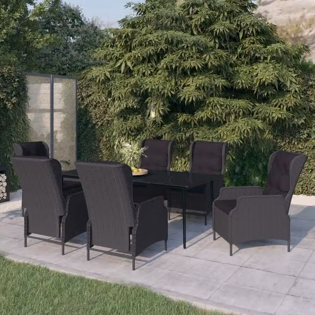 Set da pranzo da giardino moderno vidaXL composto da 7 pezzi in metallo e vetro, colore grigio e nero – 1