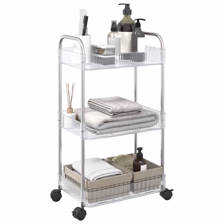 Carrello portaoggetti a 3 livelli vidaXL in acrilico trasparente con dettagli argento, L 37 cm x P 28 cm x H 68 cm