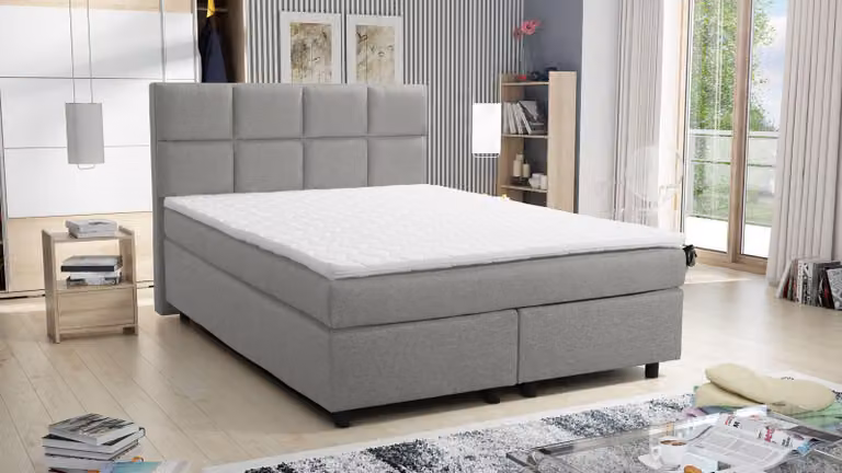 Letto boxspring 140x200, modello da hotel con molle Bonell, coprimaterasso Paxos 1, 1 tablet, grigio chiaro