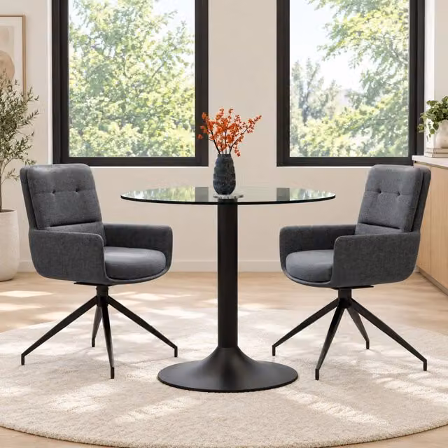Set tavolo da pranzo Mivray con piano rotondo in vetro trasparente e 2 sedie girevoli in tessuto grigio e metallo nero
