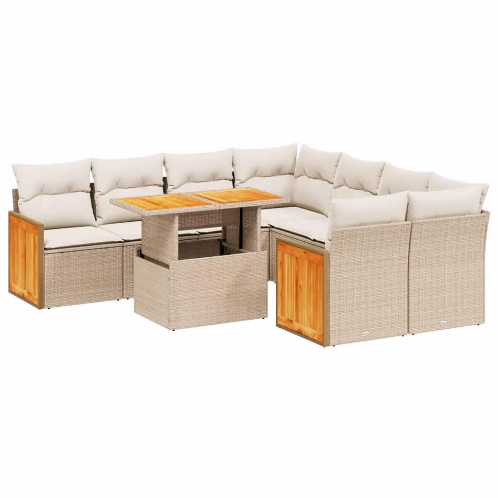 Set Divano da Giardino 9 pz con Cuscini Beige in Polyrattan