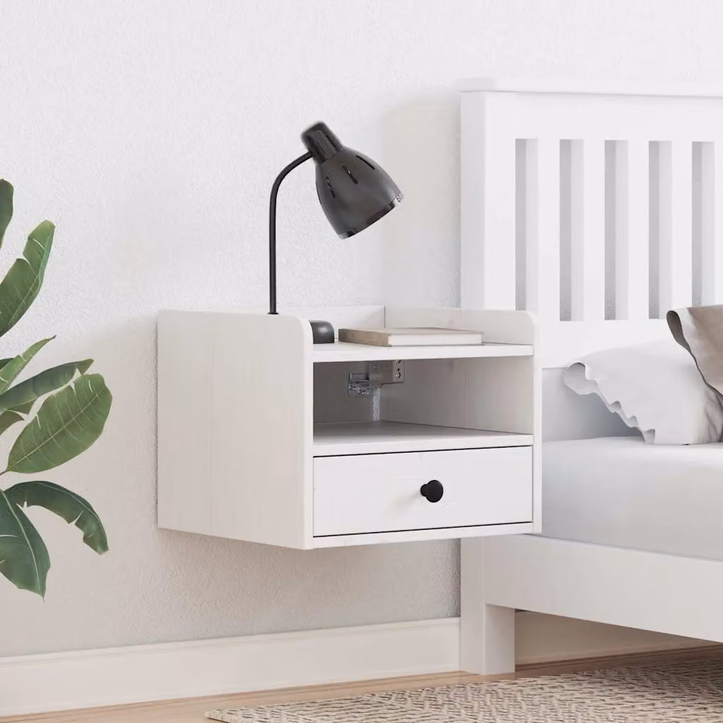 Set di 2 comodini vidaXL in legno di pino massello bianco, modello da appendere alla parete, L 38 cm x P 36 cm x H 29,5 cm