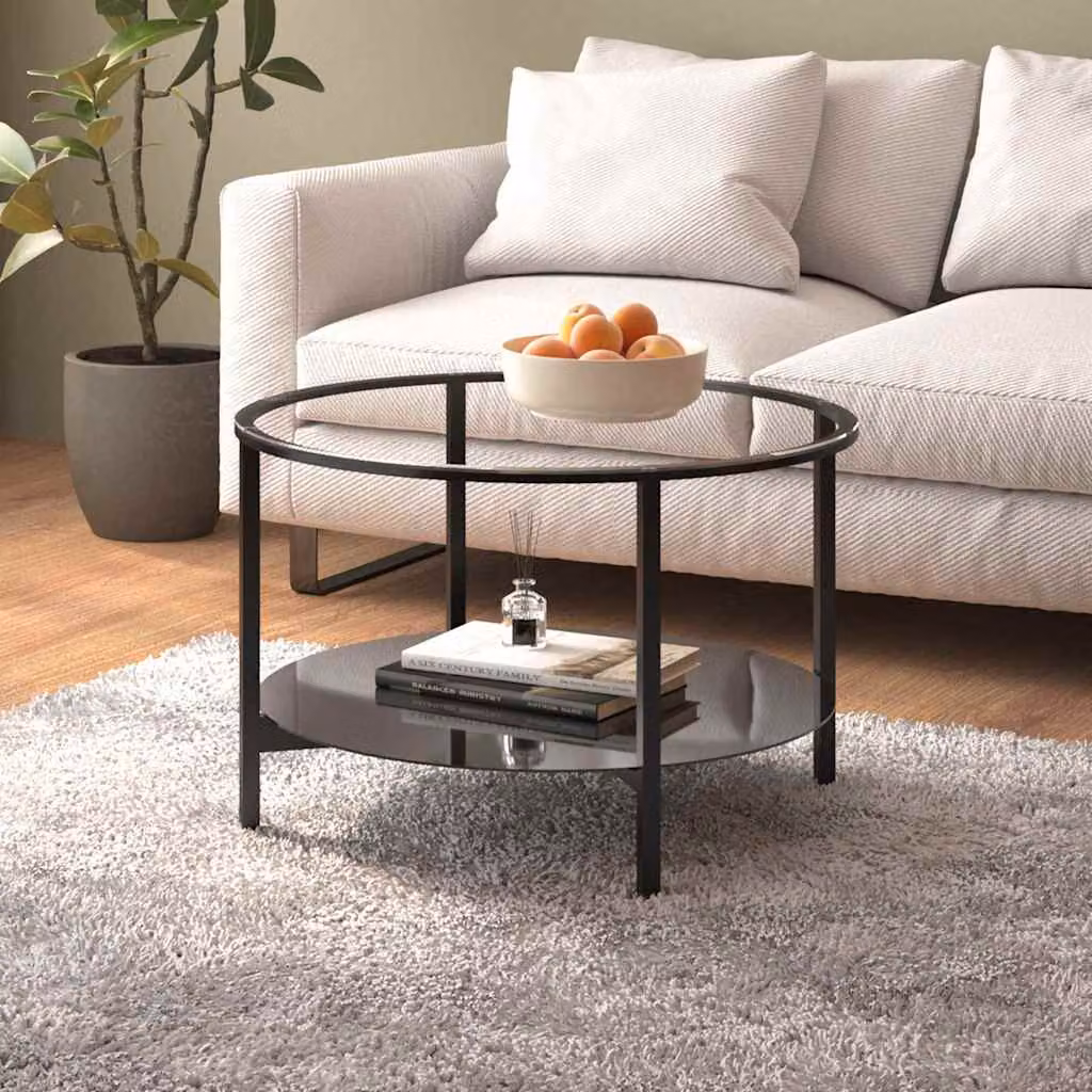 vidaXL Tavolino da Salotto Moderno Rotondo in Vetro Temperato e Metallo, Nero e Trasparente, Diametro: 70 cm, Altezza: 46 cm