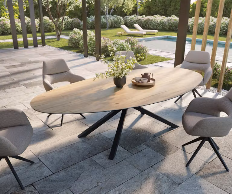 DELIFE Tavolo da esterno Edge Oval 280x130 cm, laminato ceramico Laminam® Sabbia color rovere, base a croce rettangolare nera