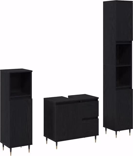 Set di mobili per il Bagno | Armadio da bagno 3 pz Rovere Nero 30 x 30 x 190 cm