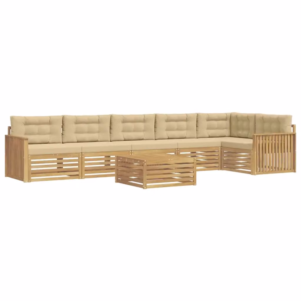 Set di divani da esterno a L vidaXL in legno di acacia con tavolo da caffè e cuscini, Bianco e Beige – 2