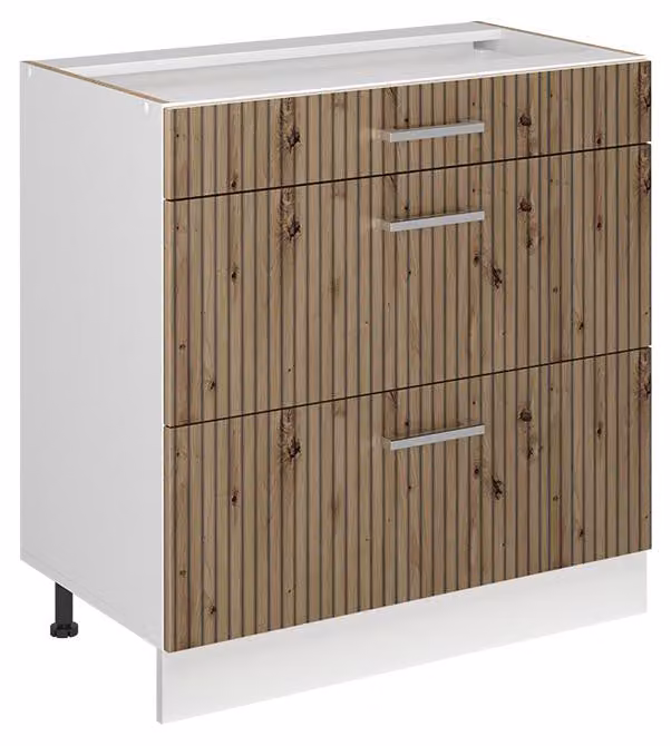 Mobiletto base per cucina Vicco R-Line Rovere artigianale/Bianco 80 cm con 3 cassetti senza piano di lavoro, Model 72331