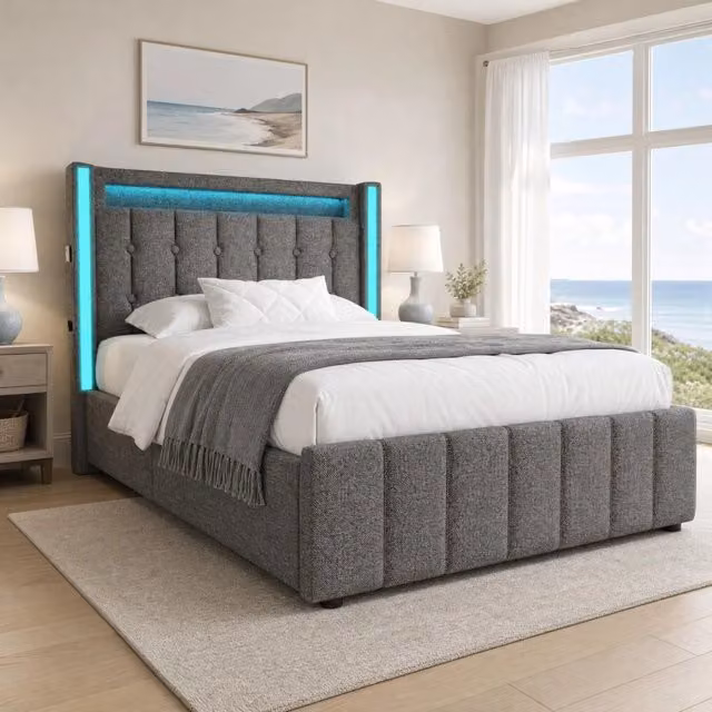 Letto singolo imbottito ULEVR 90x200 cm con materasso, LED, USB/Type-C e 2 cassetti, grigio