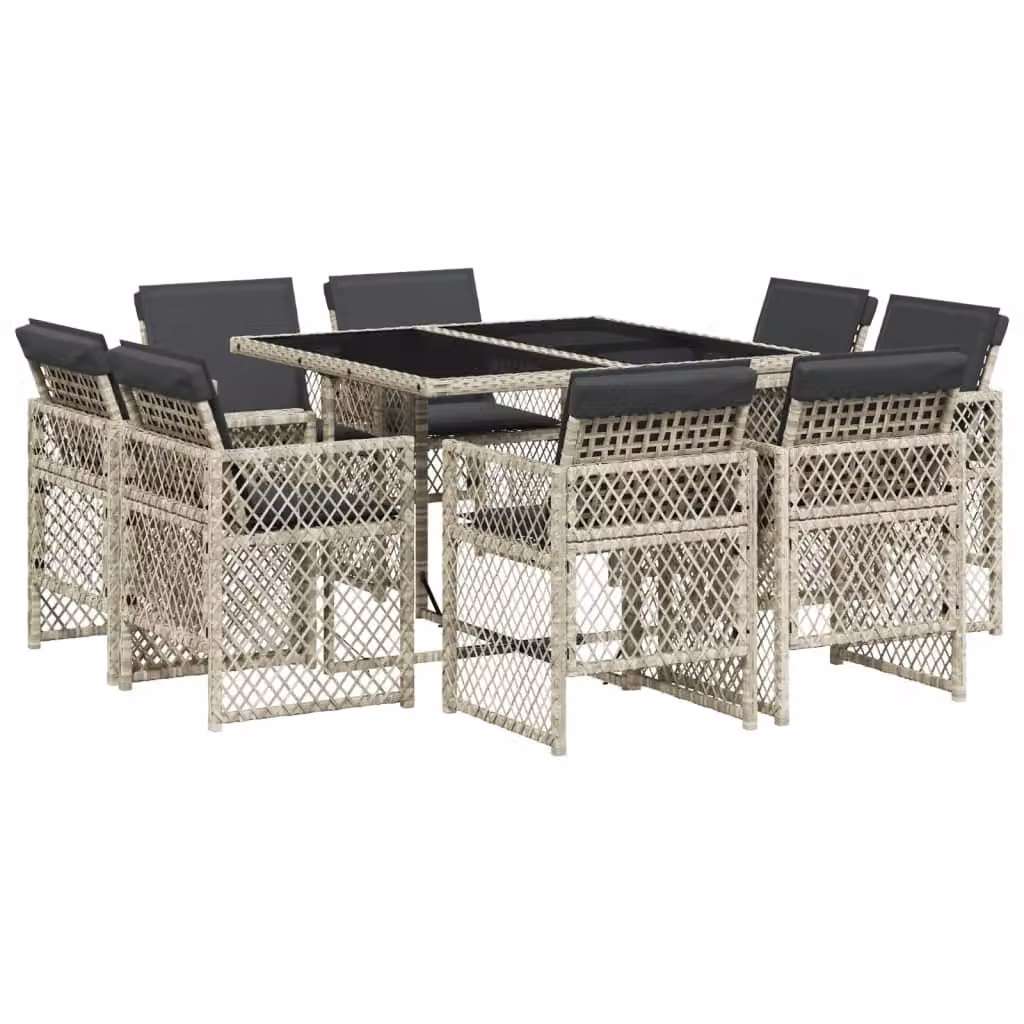 Set Pranzo da Giardino 9pz con Cuscini Grigio Chiaro Polyrattan