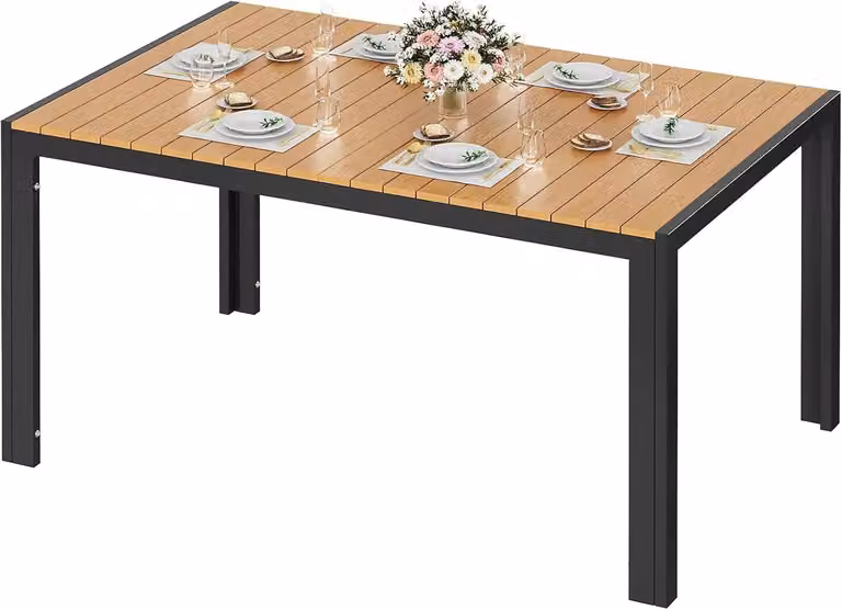 Tavolo da giardino in alluminio - Tavolo da esterno rettangolare - Piano del tavolo in WPC - 140 x 90 x 75 cm - Resistente agli agenti atmosferici - Per 8 persone - Gambe nere, aspetto teak