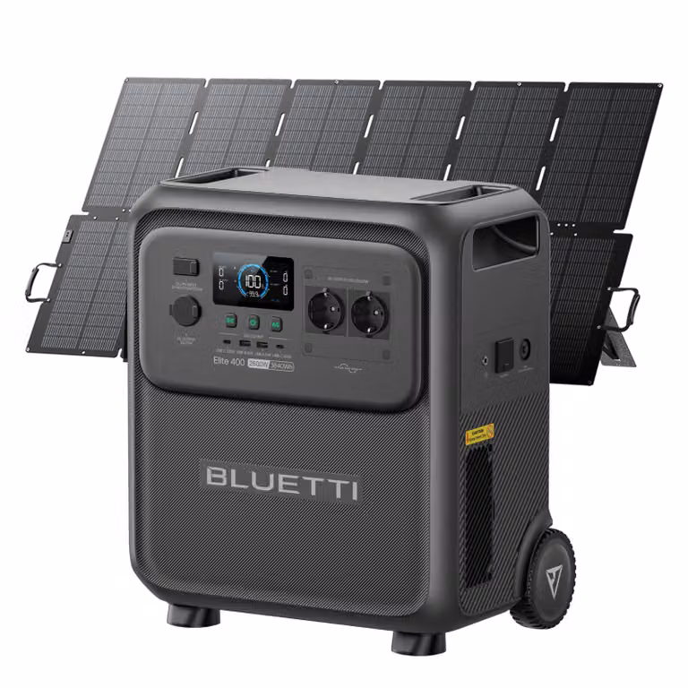 Generatore solare BLUETTI Elite 400 con pannello solare da 500 W, batteria LiFePO4 da 3840 Wh, batteria di emergenza ad alta capacità e rotelle, ideale per la casa e i camper
