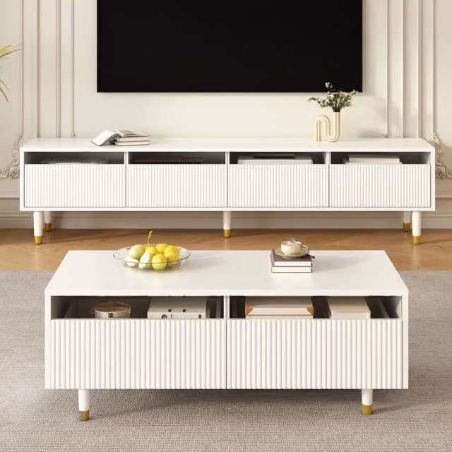 Set mobili soggiorno moderno con mobile porta tv 4 ante e tavolino da salotto con 2 cassetti; LED; MDF; bianco e oro