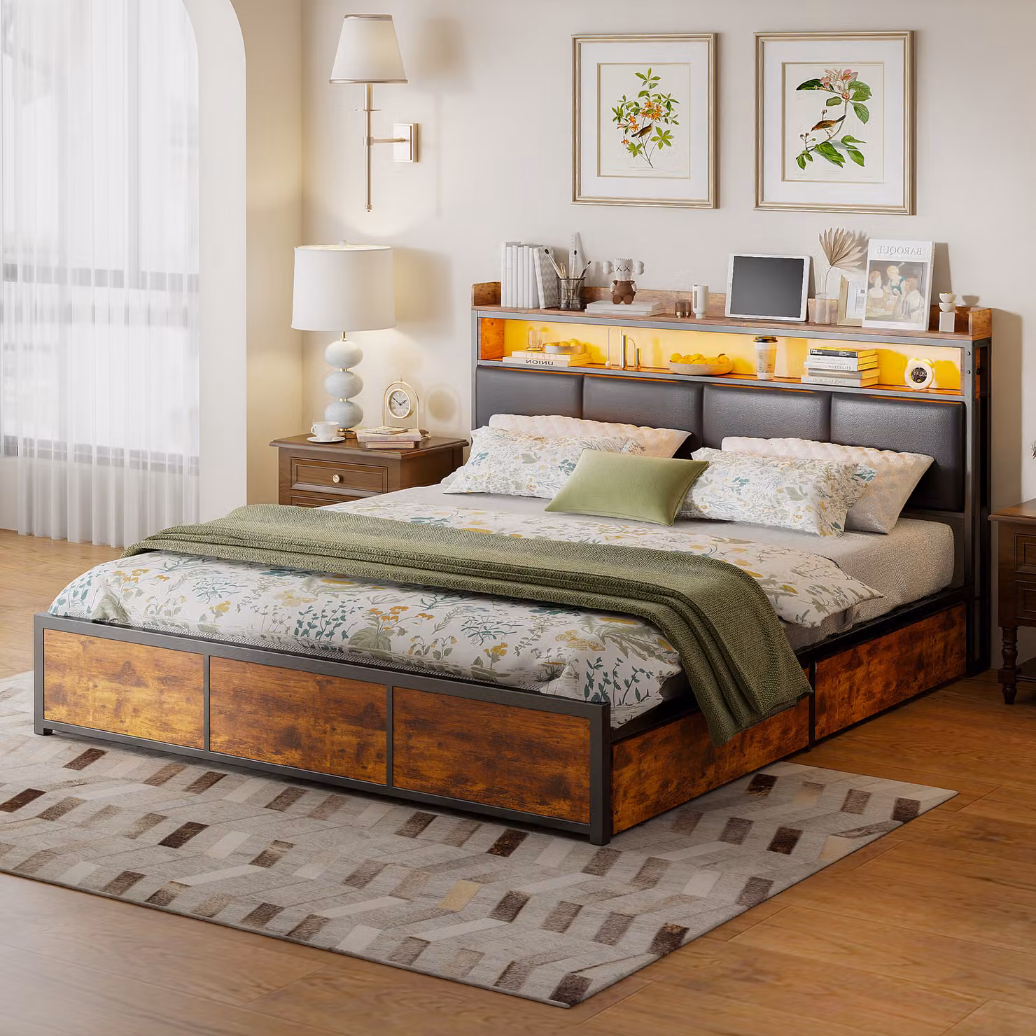 Letto imbottito Fortuna Lai 160*200 con rete a doghe e testata, letto per ragazzi con led e mensola, letto matrimoniale in metallo, letto contenitore con 4 cassetti, PU, nero