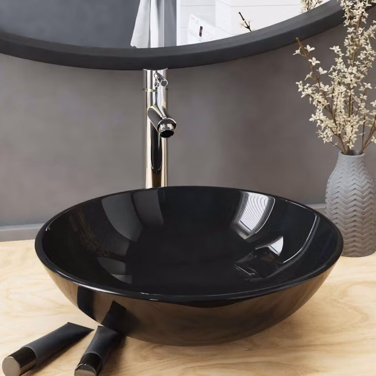 The Living Store Lavandino da bagno con rubinetto e scarico in vetro temperato nero