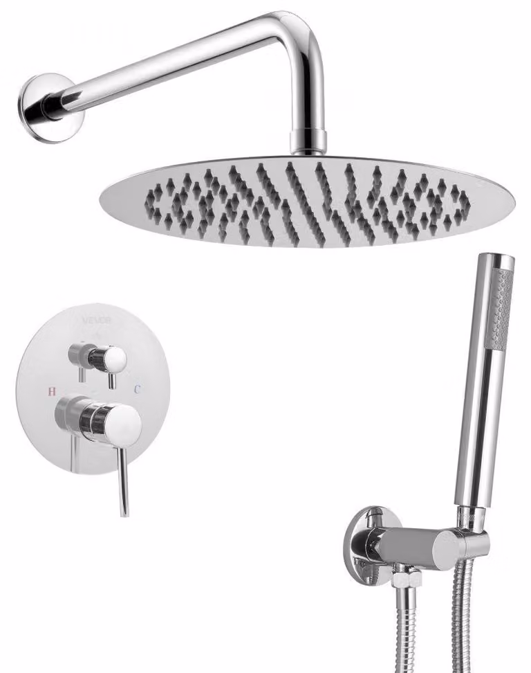 Rubinetto doccia con soffione a pioggia da 254 mm - Miscelatore in ottone da parete - Set di finitura cromata