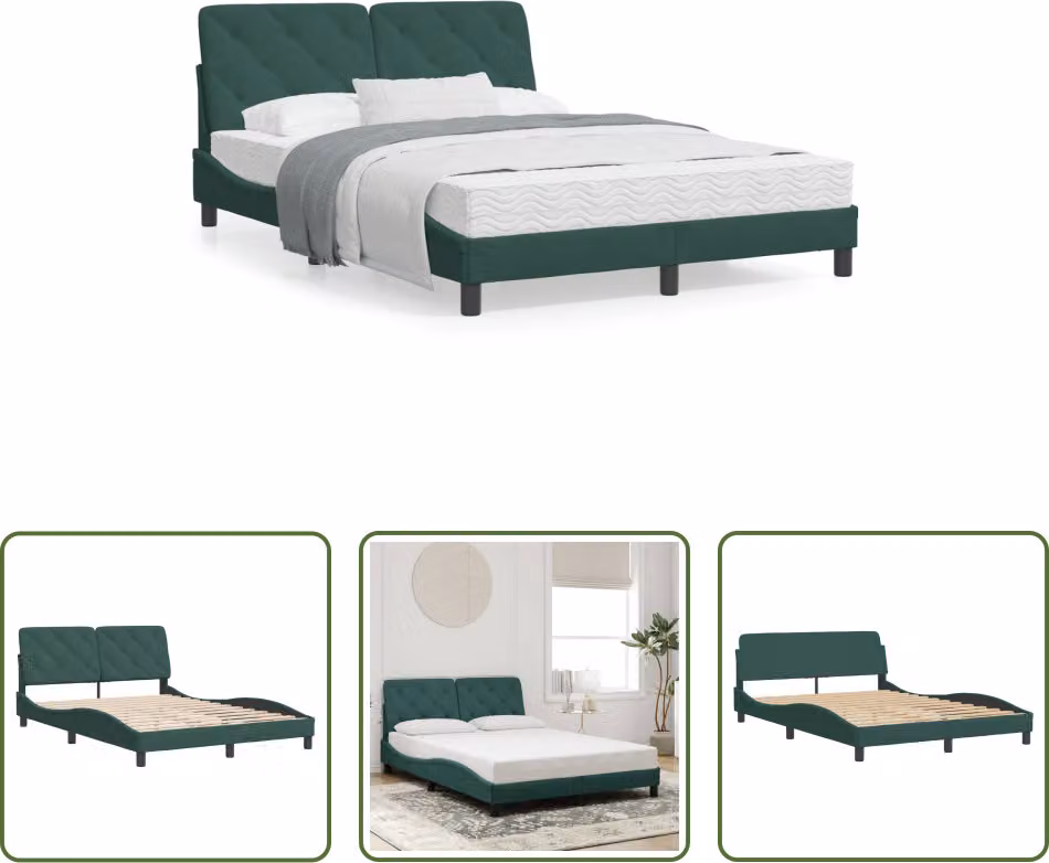 The Living Store Struttura letto con testiera in velluto verde scuro 140x200 cm