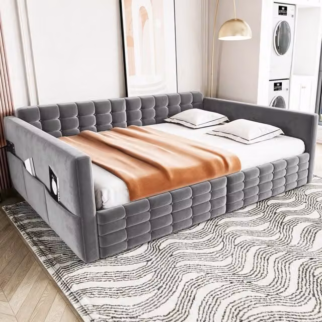 Letto divano 140 × 190 cm con tasche laterali e 2 cassetti, senza materasso, in velluto, grigio