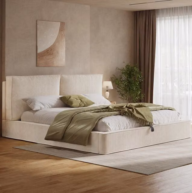 Letto matrimoniale beige 180x200 cm in velluto a coste con contenitore idraulico