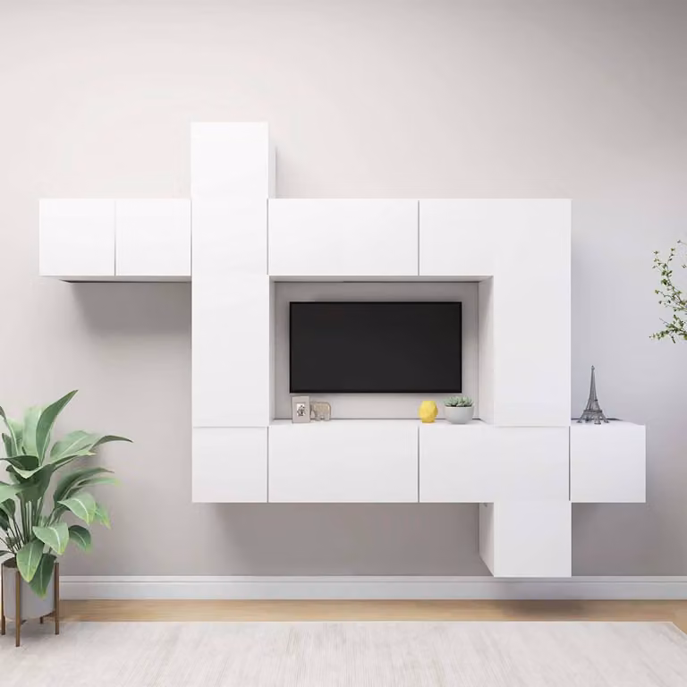 Set Mobili Porta TV Moderno vidaXL in Legno Multistrato e MDF Bianco Opaco, 10 Pezzi, da Appendere alla Parete