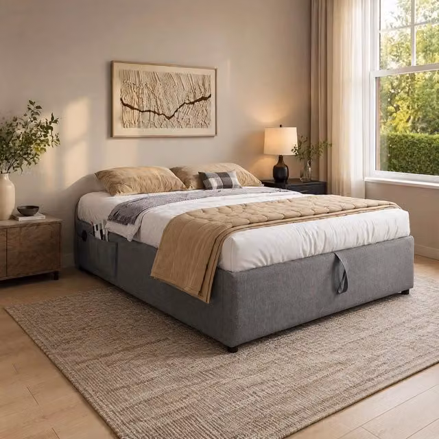 Letto contenitore Mivray con sollevamento idraulico, porte USB Type-C e mensola integrata, rivestito in cotone e lino, colore grigio, L/P: 140 x 200 cm