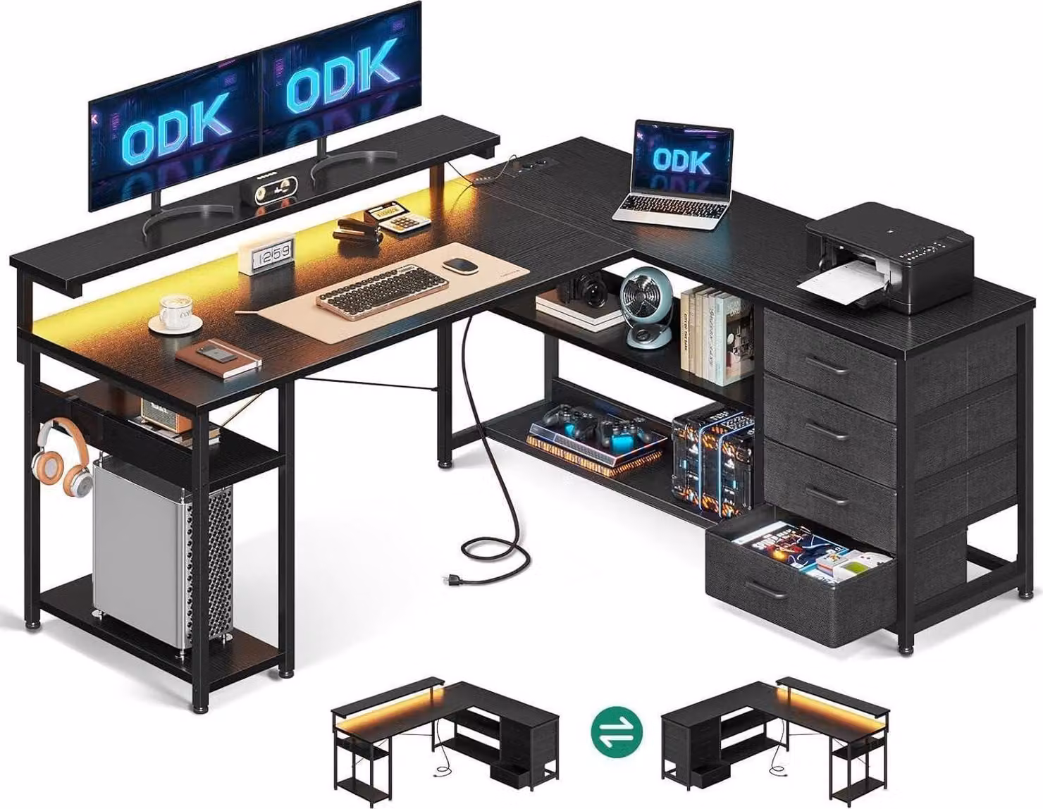 ODK Scrivania da gioco moderna con illuminazione a LED, nera 135×110 cm