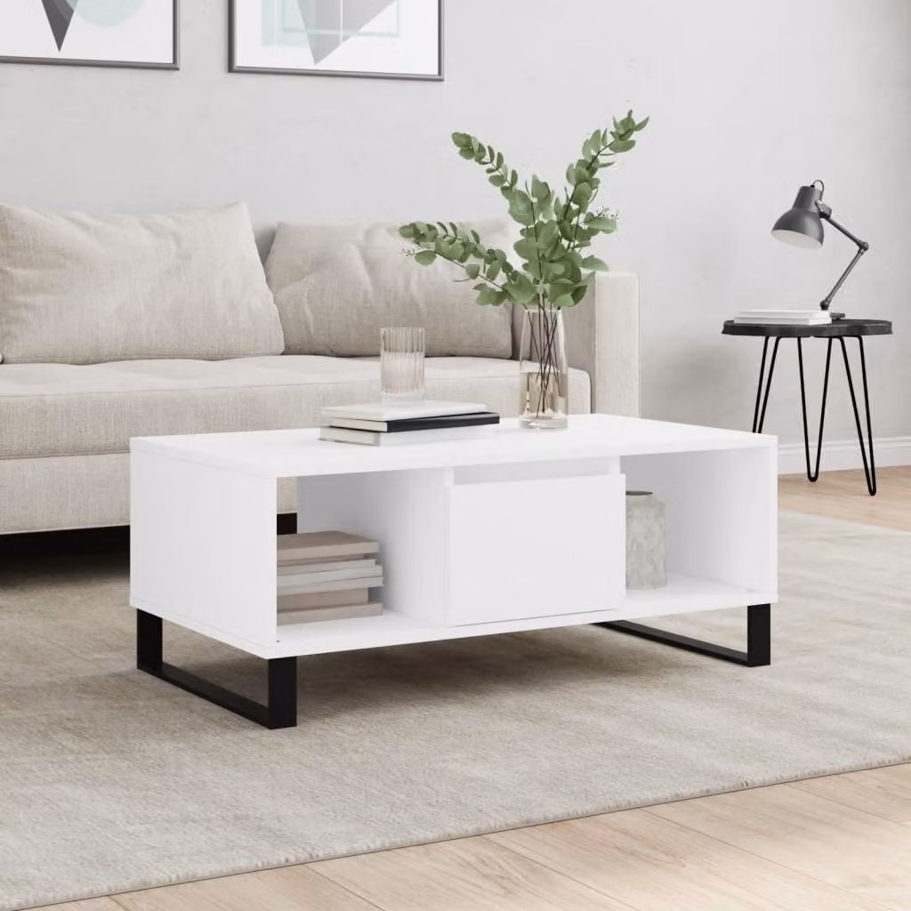 vidaXL Tavolino da Salotto Moderno Bianco in Legno e Metallo L: 90 cm, P: 50 cm, H: 36,5 cm