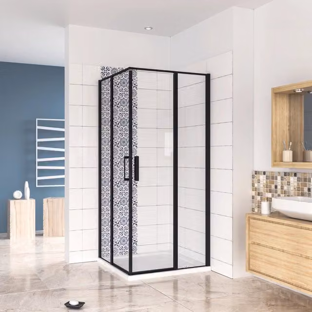 Box Doccia Angolare 100x120 cm H.185 cm Doppia Porta Battente in Vetro Temperato Trasparente Anticalcare 6 mm Profilo Nero Opaco