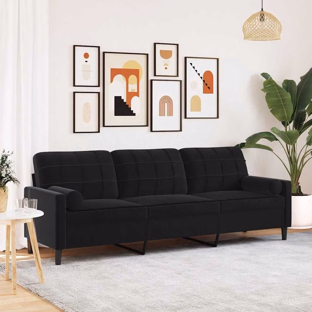 vidaXL Divano a 3 Posti Moderno in Velluto Nero con Cuscini e Coperture Rimovibili L: 226 cm, P: 80 cm, H: 77 cm – 1