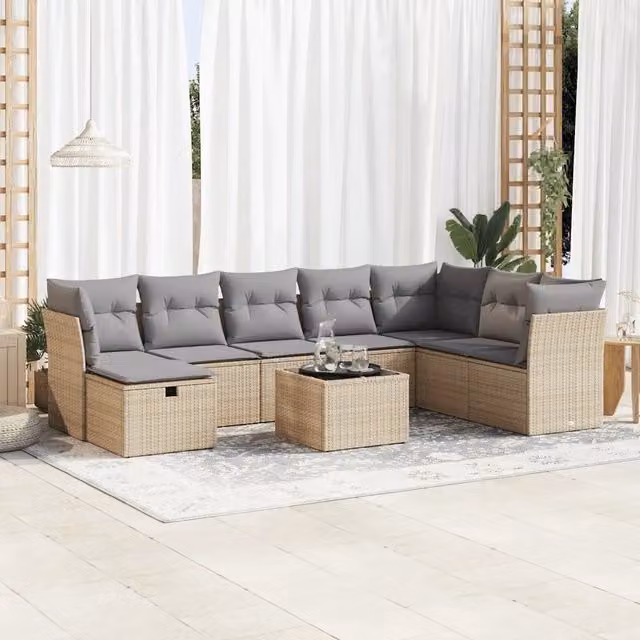 Set Divano da Giardino a L vidaXL in Polyrattan con Cuscini Beige e Tavolino da Esterno 9 pz