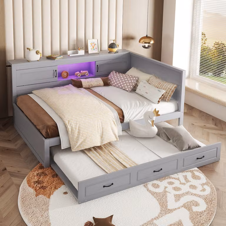 Lettino da giorno AIORBER, 140 x 200 cm, con letto estraibile, telecomando LED, divano letto, USB e presa di corrente, spazio per riporre oggetti, grigio (senza materasso)