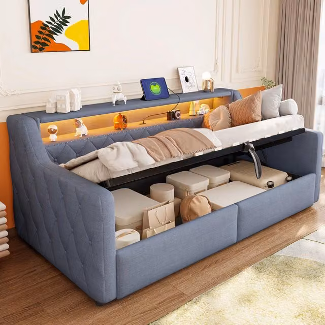 letto in lino e mdf grigio 90 x 200 cm